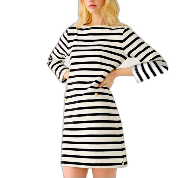 J. Crew Black White Striped Mariner Cloth  Gold Button Accents LS Short Dress XL - Picture 1 of 13